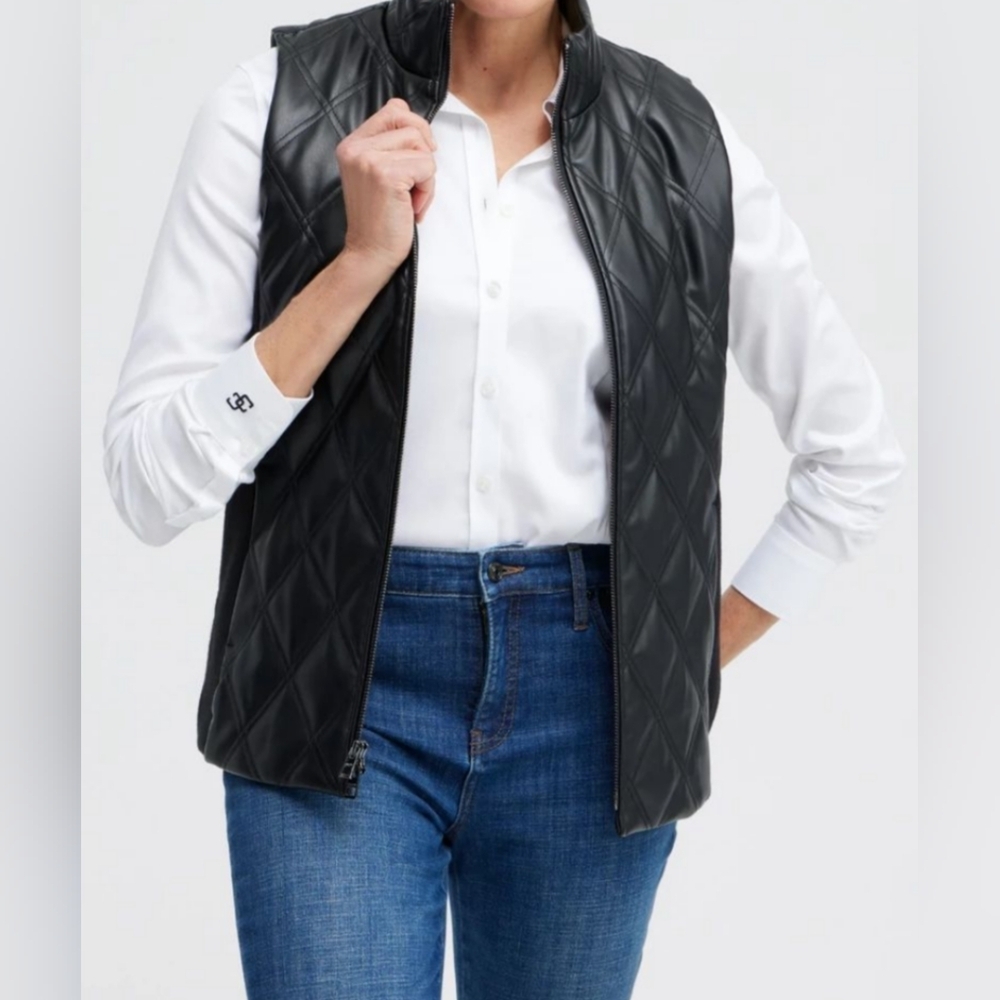 CHICOS 2 Black winter diamond‎ Faux sleeveless Leather Biker puffer Quilted Vest